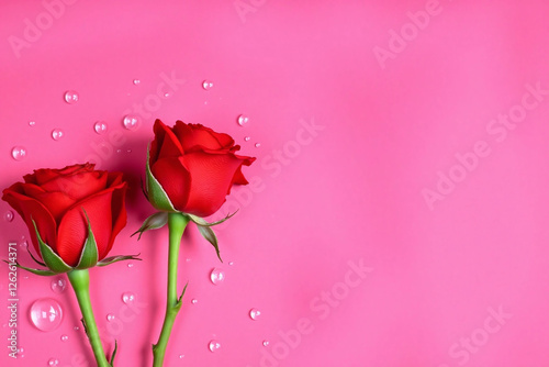 two red roses water droplets pink background glistening