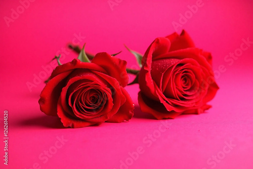 two red roses water droplets full bloom pink background
