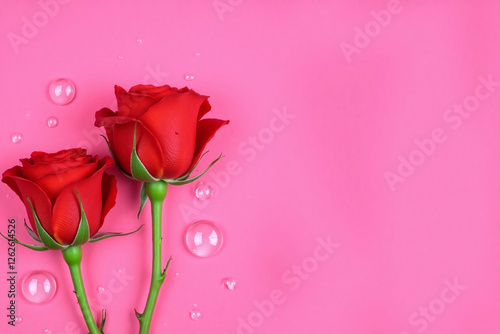 two red roses water droplets pink background