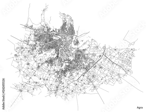 Agra city map with roads and streets, India. Vector outline illustration.