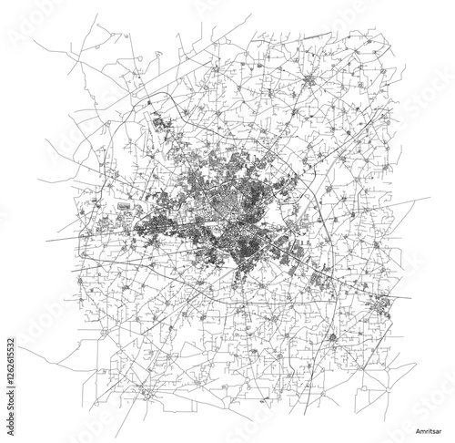 Amritsar city map with roads and streets, India. Vector outline illustration.