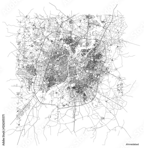 Ahmedabad city map with roads and streets, India. Vector outline illustration.
