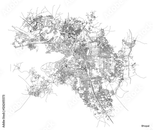 Bhopal city map with roads and streets, India. Vector outline illustration.