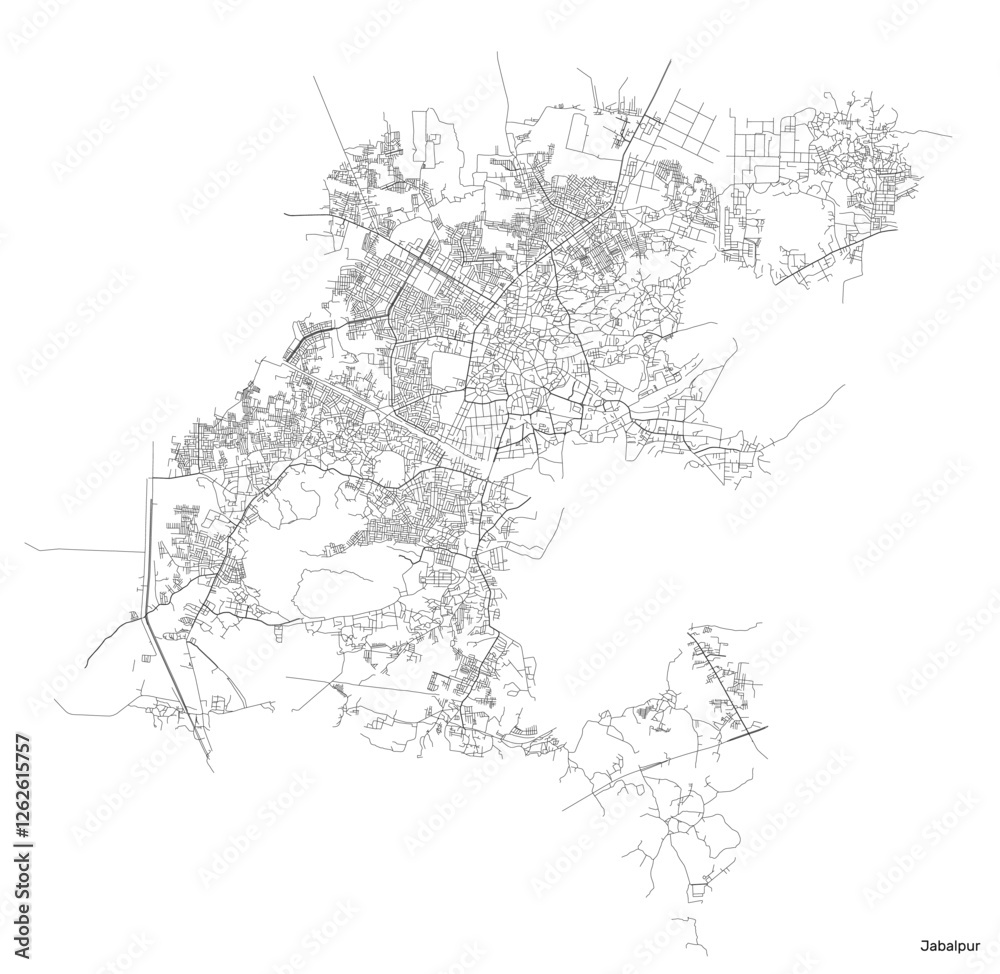Fototapeta premium Jabalpur city map with roads and streets, India. Vector outline illustration.