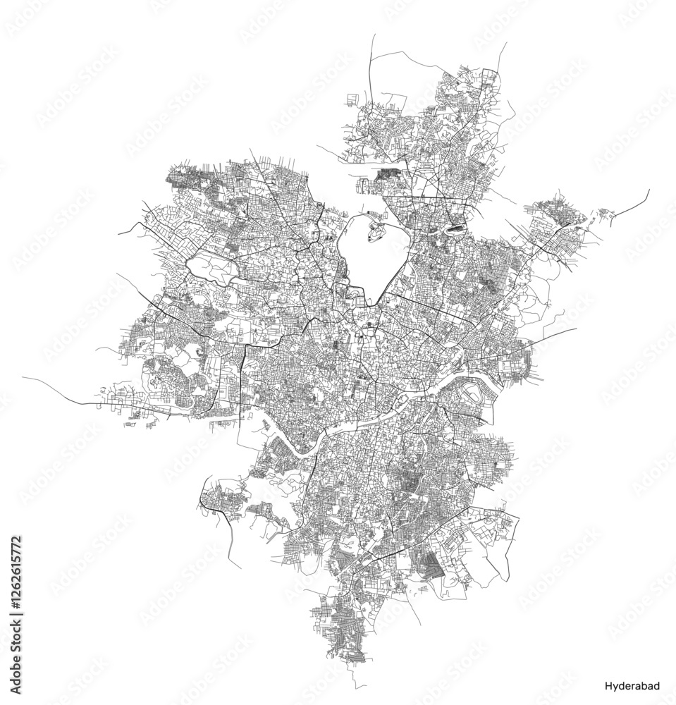 Obraz premium Hyderabad city map with roads and streets, India. Vector outline illustration.