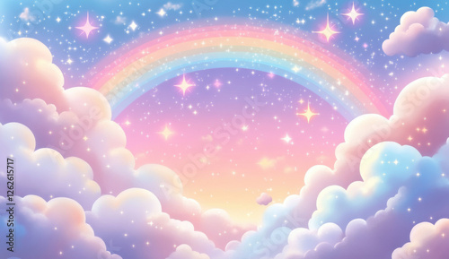 A whimsica pastel rainbow unicorn background shines with sparkling stars against a soft, pink fantasy sky. Fairy iridescent gradient backdrop. unicorn resting on a fluffy cloud with a vibrant rainbow
