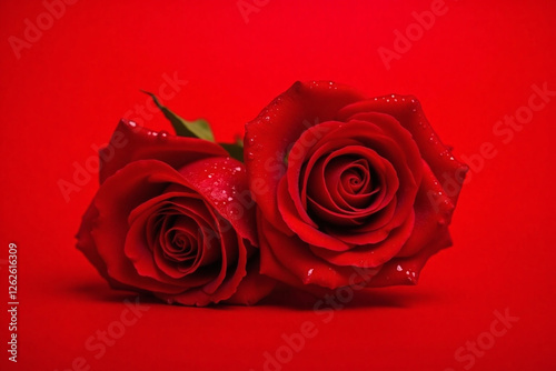 two red roses water droplets red background green leaves