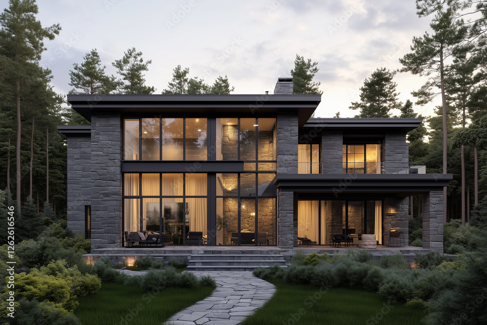 Luxury Modern Stone House in a Forest at Sunset Luxury Modern Stone House in a Forest at Sunset