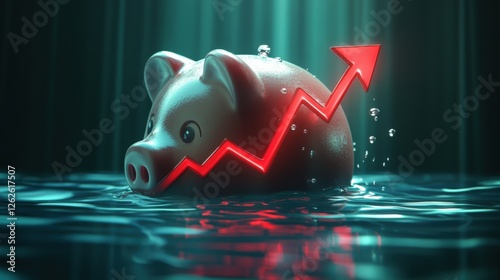A piggy bank submerged in water with a rising graph symbolizing financial growth and investment (1)