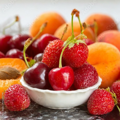 Close-up shot of succulent cherries, apricots and strawberries