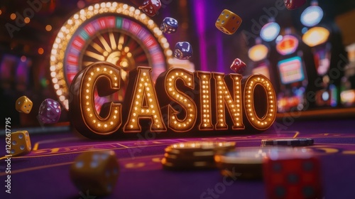 A vibrant casino scene featuring illuminated 