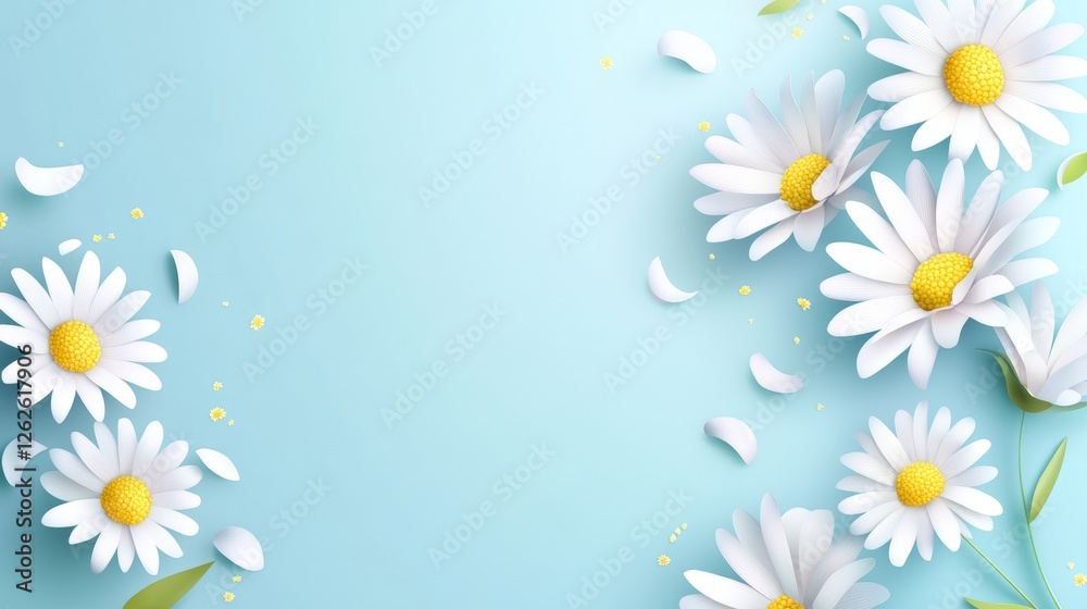 Obraz premium Illustration of paper flowers with delicate daisies in blue and turquoise on a vibrant background. Perfect for spring, floral designs, and creative artistic concepts.