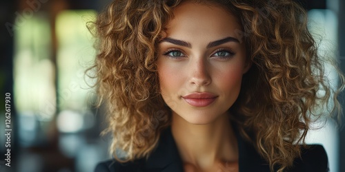 Confident woman with curly hair poses elegantly in a modern indoor setting during daytime