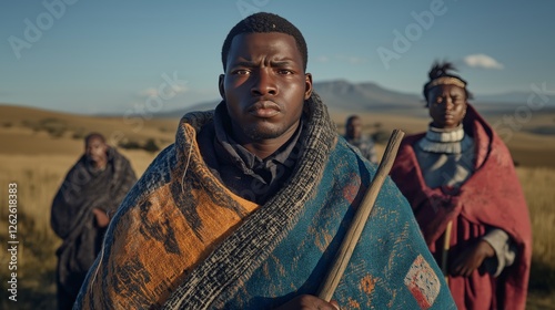 African man wearing Basotho blankets holding stick in their hands․ His woman wearing african clothes photo