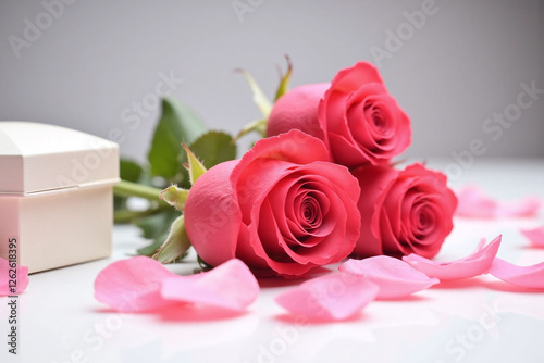three red roses soft pink petals white surface white box