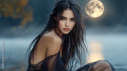 A beautiful woman with long wavy black hair and radiant green eyes in a sleek sports suit sits on a bench in front of a serene lake in a small park, with a full moon reflecting on the water, 