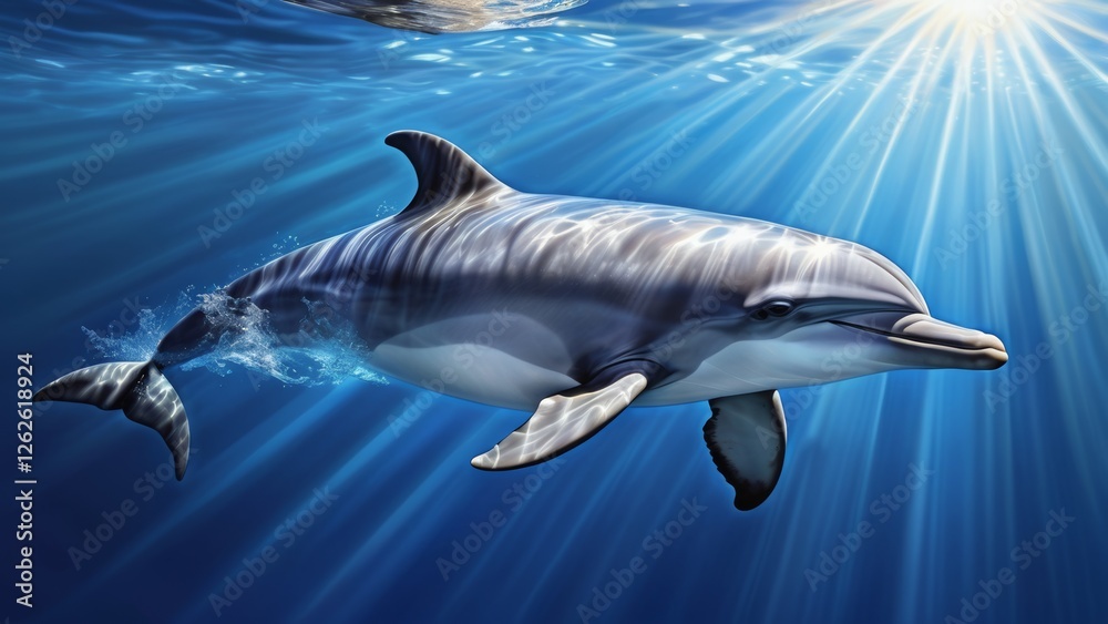Obraz premium A dolphin gracefully swims underwater, illuminated by sunlight penetrating from the water’s surface. The light rays create a magical, serene atmosphere, highlighting the beauty of marine life