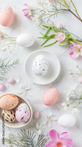 Easter party celebration on white background. Easter eggs, fresh branch of cherry tree. Spring season, vertical