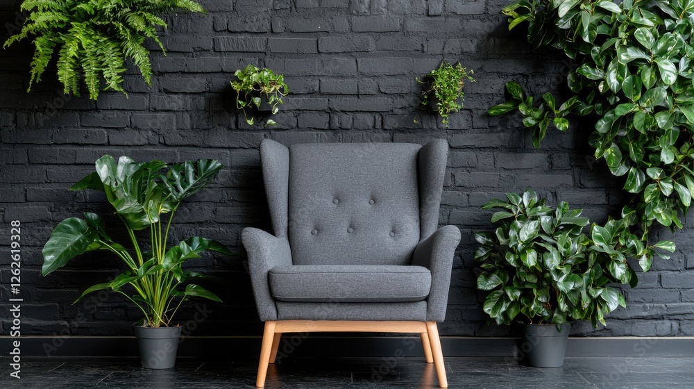 Obraz premium Gray armchair surrounded by plants in front of black brick wall. Interior design