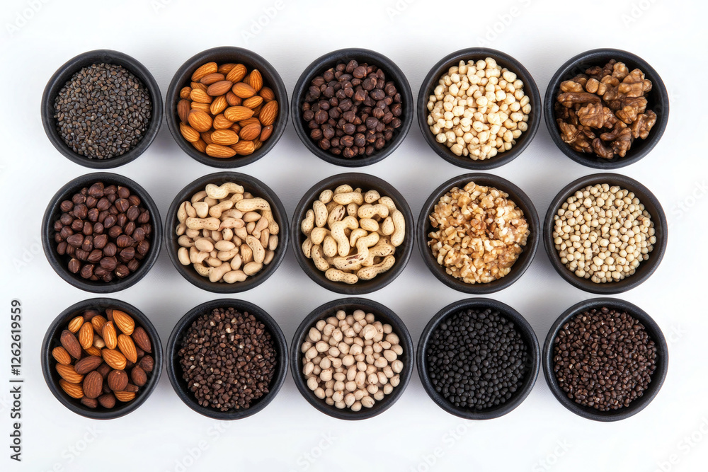 Collection of various nuts seeds and grains in small black bowls arranged on white background Collection of various nuts seeds and grains in small black bowls arranged on white background