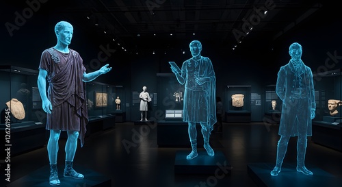 Ancient roman statues holographic museum exhibit display technology modern art classical sculpture history education 3d dark blue past light floor