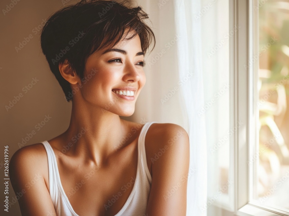 Beautiful smiling woman with short hair, standing near window on a sunny day. Beautiful smiling woman with short hair, standing near window on a sunny day.