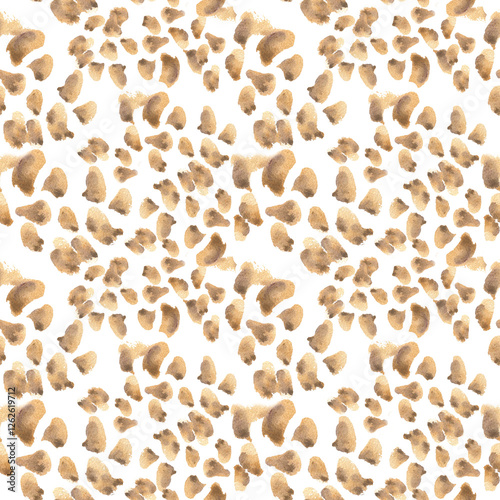 Leopard motifs, blots of wild animals on repeated background. Watercolor desert print of giraffe specks mocha colors isolated on white. Monochrome spots in brown hand painted for textile, packaging.