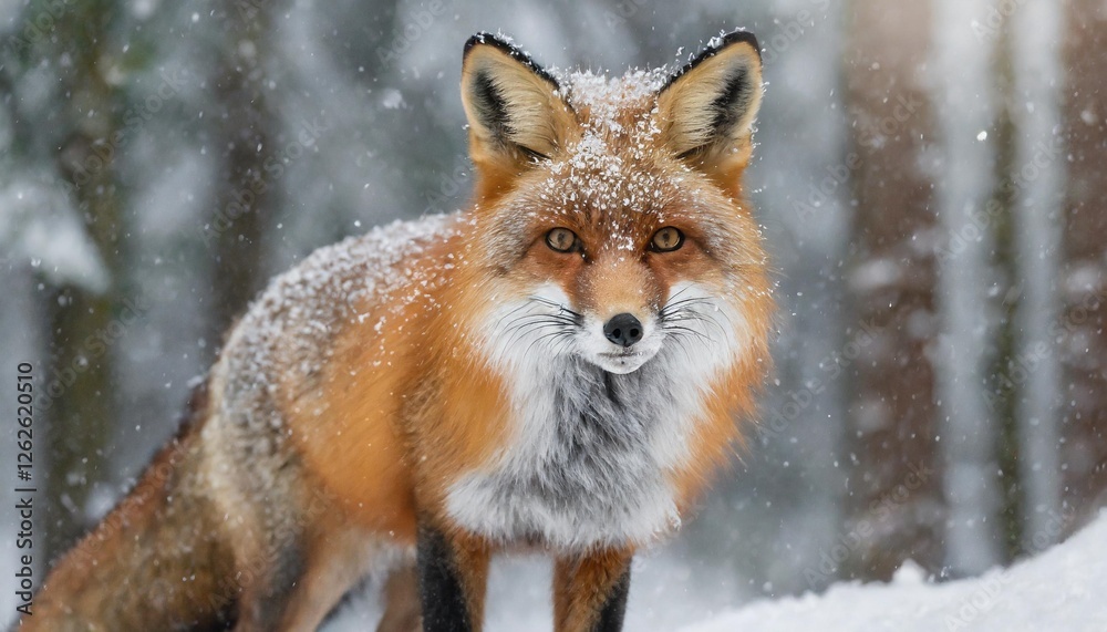 A close-up of a red fox standing in a snowy forest, its fur dusted with snow and its breath visible in the cold air. A close-up of a red fox standing in a snowy forest, its fur dusted with snow and its breath visible in the cold air.