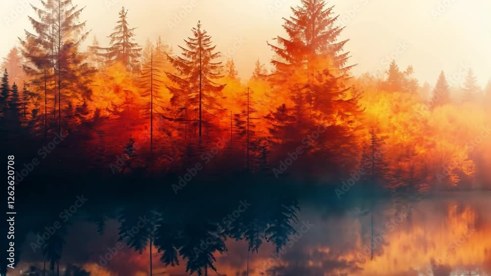 Autumnal Forest Reflection: A mystical autumn forest scene, where fiery orange and red trees are reflected in a still lake, shrouded in a soft morning mist. Autumnal Forest Reflection: A mystical autumn forest scene, where fiery orange and red trees are reflected in a still lake, shrouded in a soft morning mist.