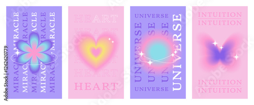 Set of aesthetic pastel-colored typography posters with soft glowing elements. Aura gradient heart, butterfly, flower, planet with blur effect. Miracle, universe, intuition wallpaper 2000s.