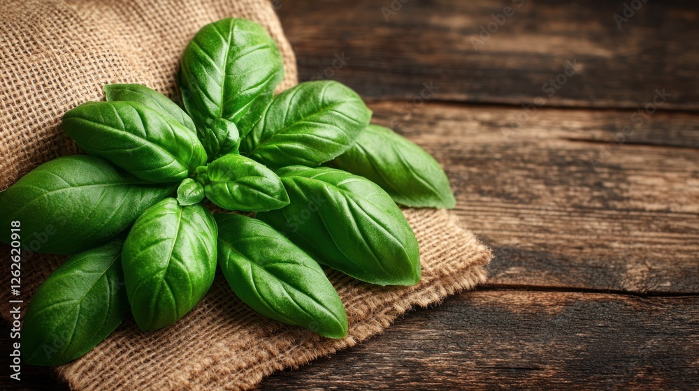 Fresh basil leaves on burlap on rustic wooden table Fresh basil leaves on burlap on rustic wooden table