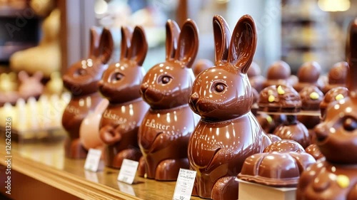 Many chocolate bunnies on a counter in a store. Traditional Easter treat. Easter candy sale