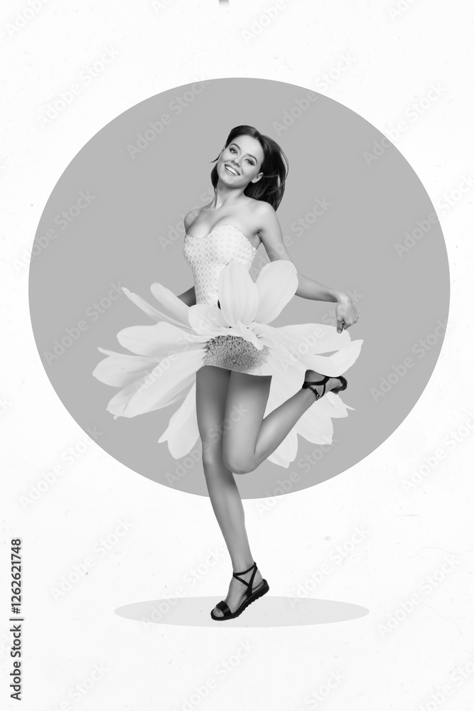 Φωτογραφία Vertical collage picture of charming black white gamma girl yellow flower dress