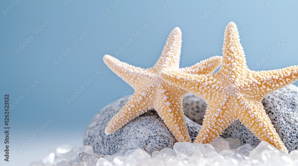 Two starfish on rocks and sea salt, ocean background, spa relaxation Two starfish on rocks and sea salt, ocean background, spa relaxation