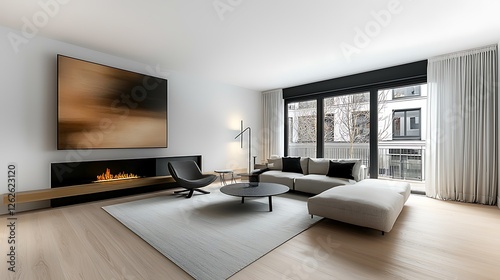 Stylish living room in a Parisian top-floor apartment  featuring large windows  modern furniture  and a cozy fireplace  with white curtains  light wood flooring  and soft pastel colors. Ultra-Realisti