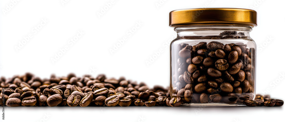 A glass jar filled with coffee beans sits among scattered beans, highlighting the rich texture and color of the coffee. A glass jar filled with coffee beans sits among scattered beans, highlighting the rich texture and color of the coffee.
