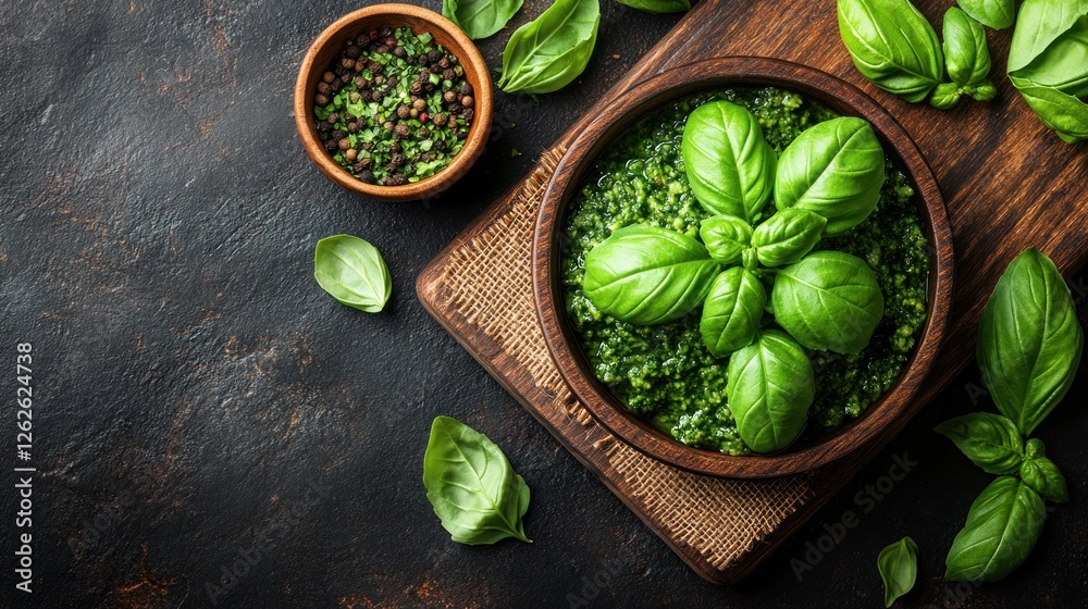 Fresh basil pesto in wooden bowl on dark background with spices Fresh basil pesto in wooden bowl on dark background with spices