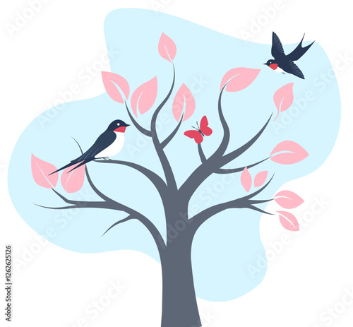 Colorful spring tree with birds and butterflies against a blue sky background in a beautiful vector illustration