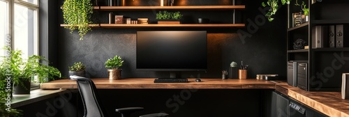 Modern Dark Home Office Workspace With Plants