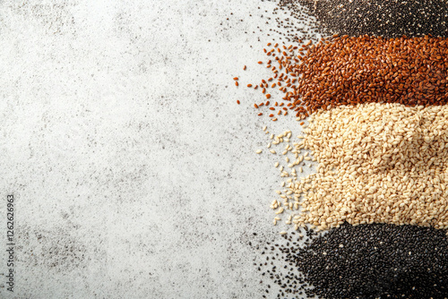 Assortment of Healthy Seeds and Grains on White Background Flax Seeds Sesame Seeds Chia Seeds Black Sesame Seeds Healthy Eating Superfoods Nutrition Dietary Fiber