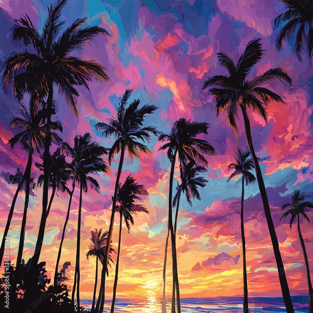 Obraz premium Breathtaking sunset over tropical palm trees beachfront paradise landscape photography vibrant colorful sky serene atmosphere nature's beauty