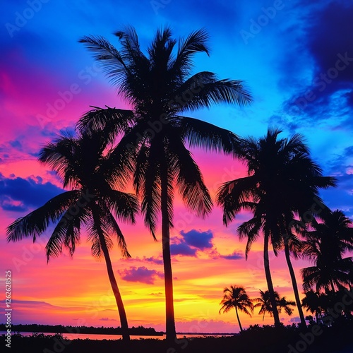 Stunning sunset over tropical palm trees coastal landscape photography vibrant colors scenic view nature s beauty