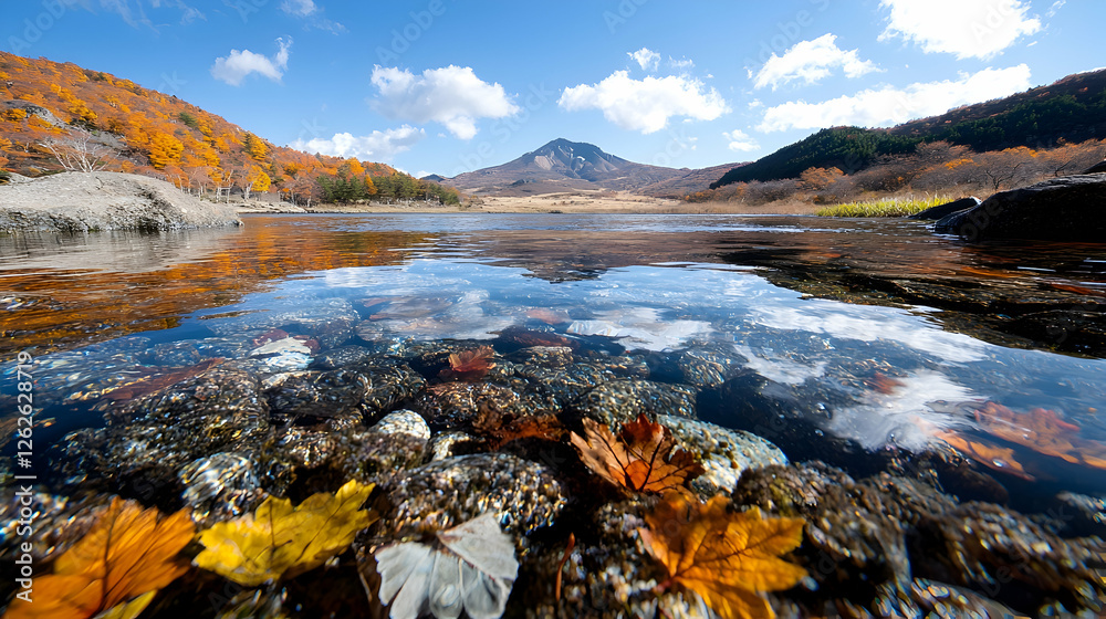 Fototapeta premium Autumn lake reflection, mountain backdrop, clear water, fall foliage