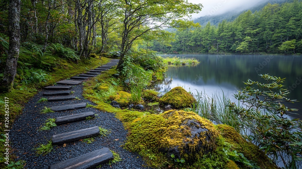 Serene forest path leading to a tranquil lake surrounded by lush greenery and misty hills Serene forest path leading to a tranquil lake surrounded by lush greenery and misty hills