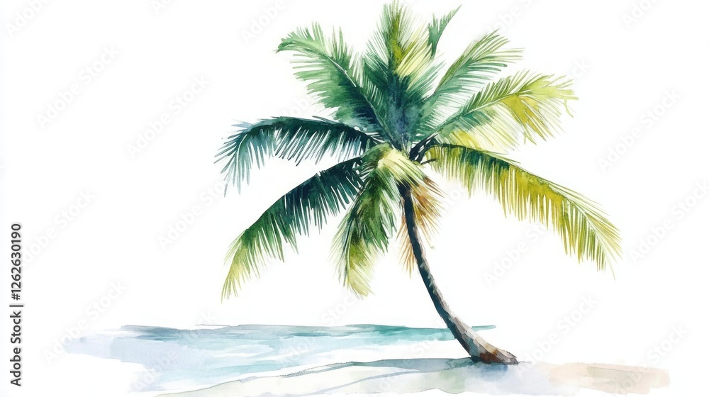 Lone palm tree on beach, tropical ocean background; vacation postcard Lone palm tree on beach, tropical ocean background; vacation postcard