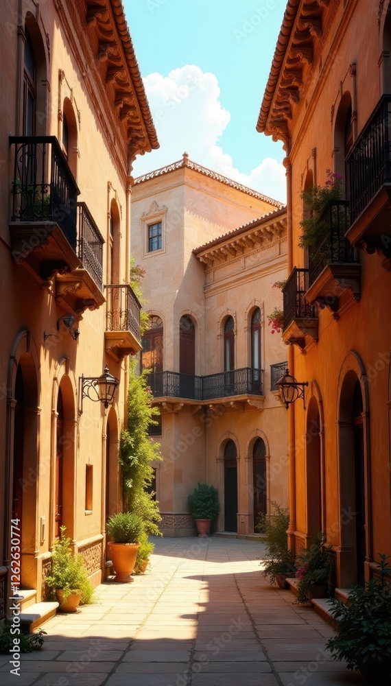 Fototapeta premium Intricate detailing, ornate balconies, sunlit walls, window, government, historical