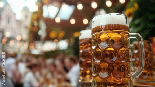 Refreshing beer in glass mug, perfect for summer outdoor celebrations and social gatherings, where friends enjoy lively drinks together under string lights.