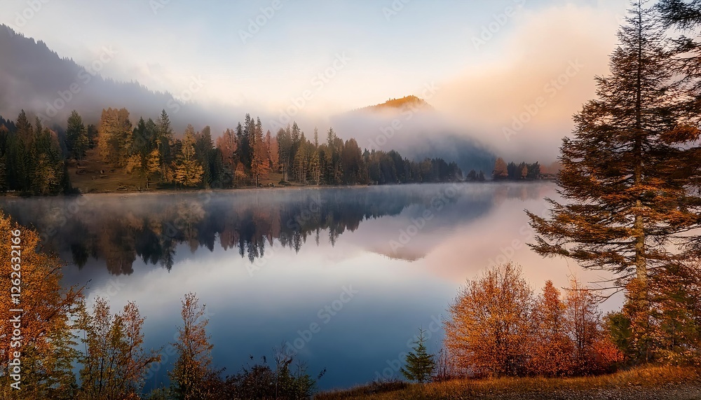 Autumn colors reflecting in a misty lake at dawn Autumn colors reflecting in a misty lake at dawn