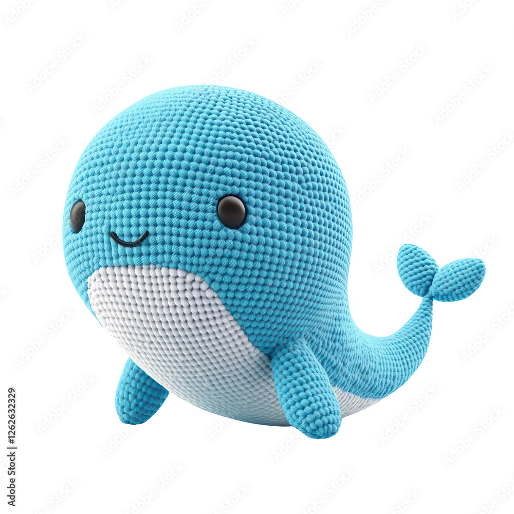 Cute Blue Whale Plush Toy with Smiling Face and Soft Texture, isolated on transparent background.
