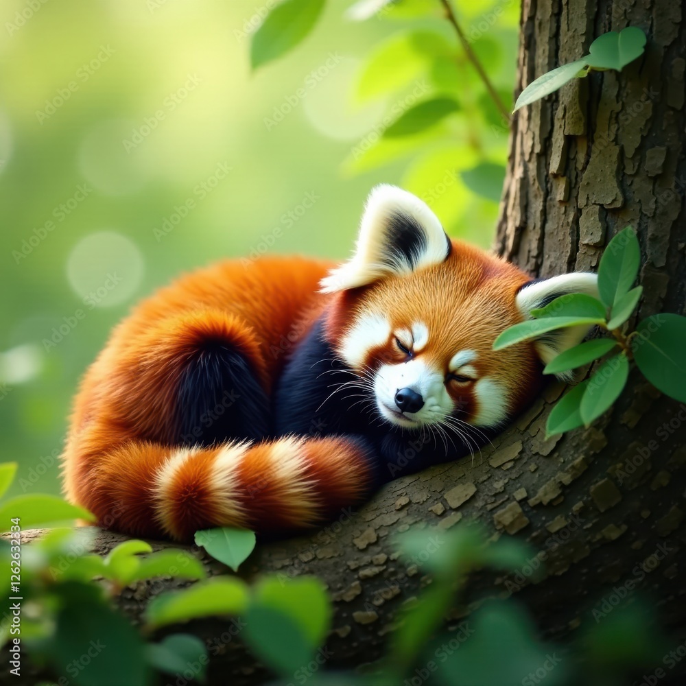 Obraz premium Red panda snoozing, nestled among leaves in tree , day, solitary, bushy tail